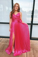 Load image into Gallery viewer, Fuchsia Floral Sheath Spaghetti Straps Pleated Long Prom Dress with Slit