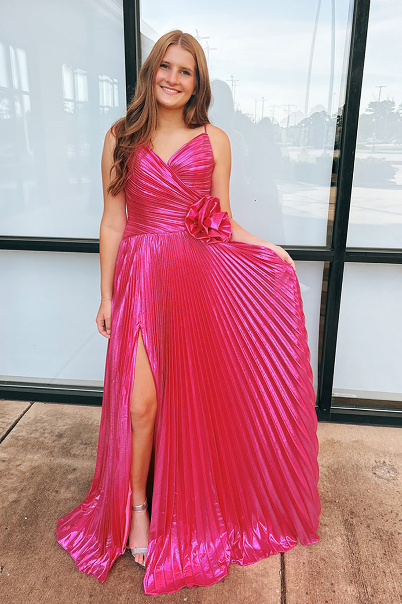 Load image into Gallery viewer, Fuchsia Floral Sheath Spaghetti Straps Pleated Long Prom Dress with Slit