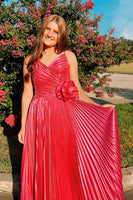 Load image into Gallery viewer, Fuchsia Floral Sheath Spaghetti Straps Pleated Long Prom Dress with Slit
