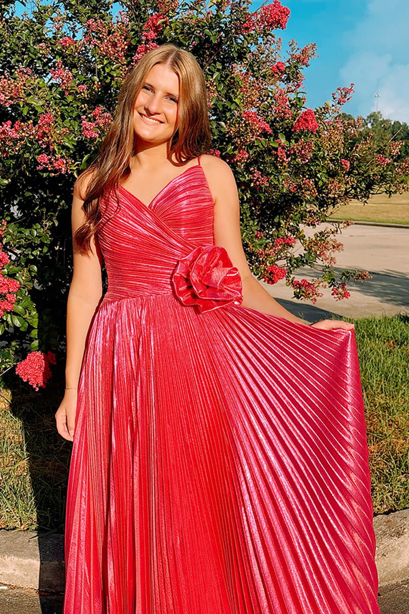 Load image into Gallery viewer, Fuchsia Floral Sheath Spaghetti Straps Pleated Long Prom Dress with Slit