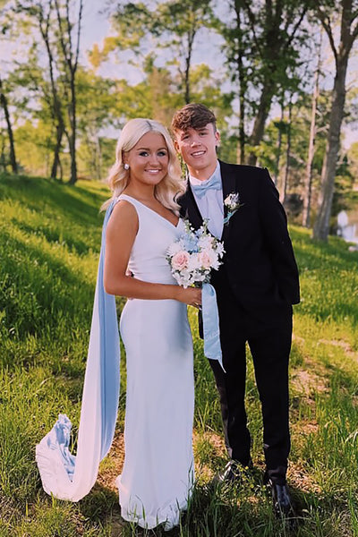 White Mermaid V-Neck Long Prom Dress with Side Cape