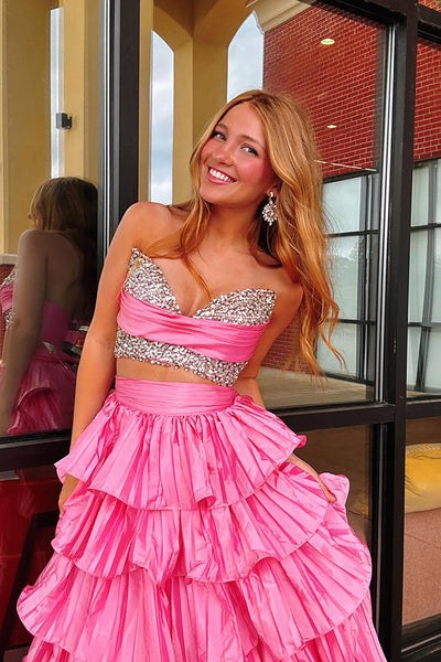 Sparkly Pink Sweetheart A Line Beaded Long Prom Dress with Ruffles