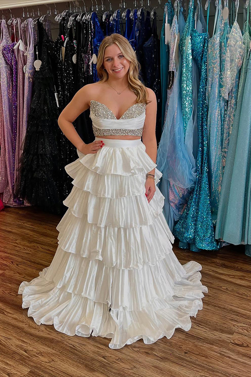 Load image into Gallery viewer, Sparkly Pink Sweetheart A Line Beaded Long Prom Dress with Ruffles