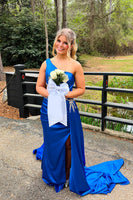 Load image into Gallery viewer, Sparkly Royal Blue Cut Out One Shoulder Mermaid Long Prom Dress with Beadings