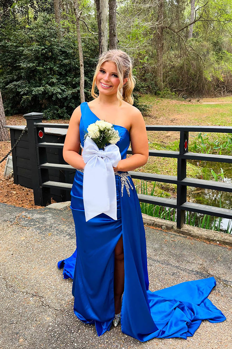 Load image into Gallery viewer, Sparkly Royal Blue Cut Out One Shoulder Mermaid Long Prom Dress with Beadings
