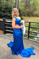 Load image into Gallery viewer, Sparkly Royal Blue Cut Out One Shoulder Mermaid Long Prom Dress with Beadings