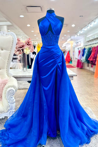 Sparkly Royal Blue Mermaid Beaded Long Corset Prom Dress with Cape