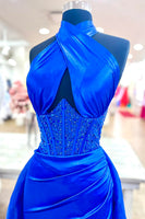 Load image into Gallery viewer, Sparkly Royal Blue Mermaid Beaded Long Corset Prom Dress with Cape