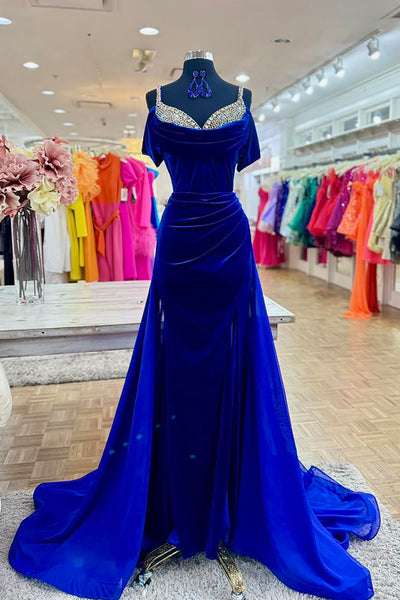 Sparkly Royal Blue Mermaid Beaded Velvet Long Prom Dress with Slit