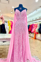 Load image into Gallery viewer, Sparkly Pink Mermaid Sweetheart Sequin Long Prom Dress with Cape