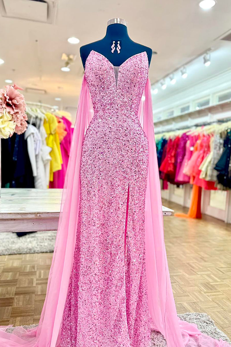 Load image into Gallery viewer, Sparkly Pink Mermaid Sweetheart Sequin Long Prom Dress with Cape