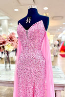 Load image into Gallery viewer, Sparkly Pink Mermaid Sweetheart Sequin Long Prom Dress with Cape