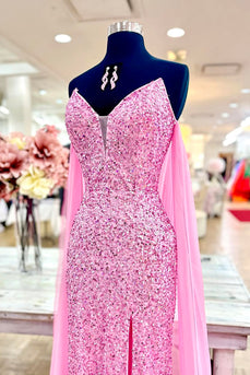 Sparkly Pink Mermaid Sweetheart Sequin Long Prom Dress with Cape