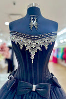 Load image into Gallery viewer, Sparkly Black Strapless A-Line Tulle Long Corset Prom Dress with Bows