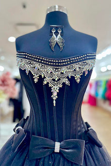 Sparkly Black Strapless A-Line Tulle Long Corset Prom Dress with Bows