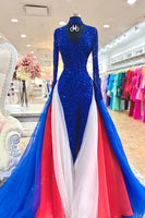 Load image into Gallery viewer, Sparkly Royal Blue Keyhole Sequin Long Sleeve Prom Dress with Cape