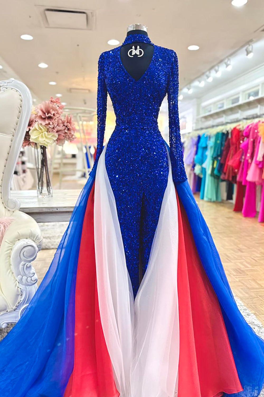 Sparkly Royal Blue Keyhole Sequin Long Sleeve Prom Dress with Cape