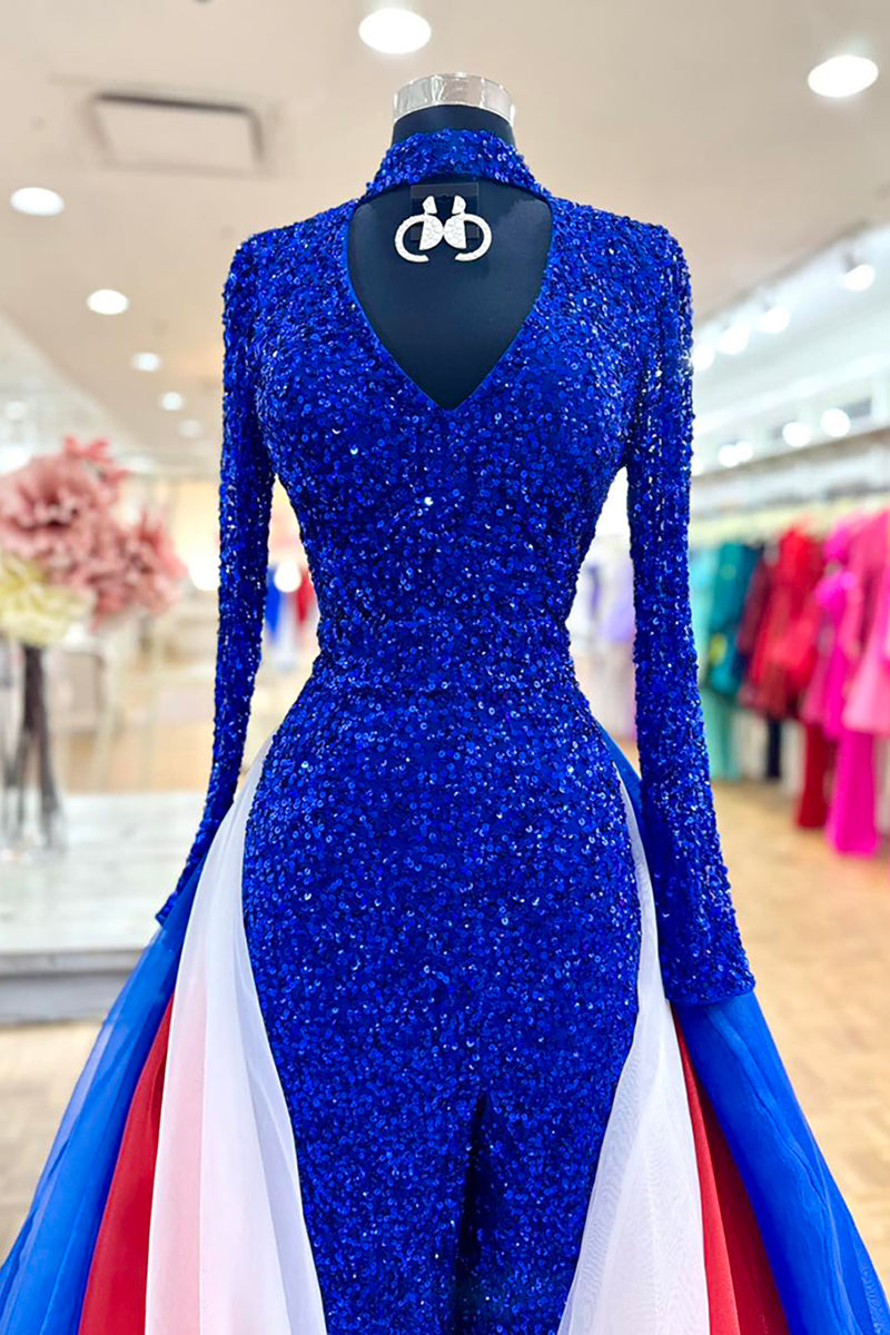 Load image into Gallery viewer, Sparkly Royal Blue Keyhole Sequin Long Sleeve Prom Dress with Cape