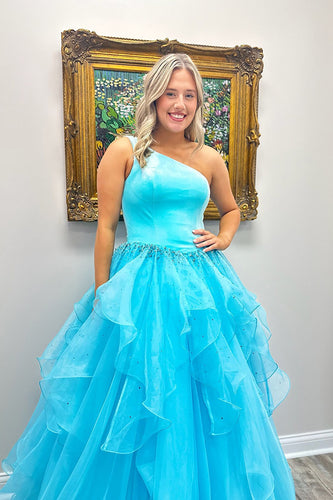 Sparkly Blue A-Line One Shoulder Ruffled Long Prom Dress with Beading