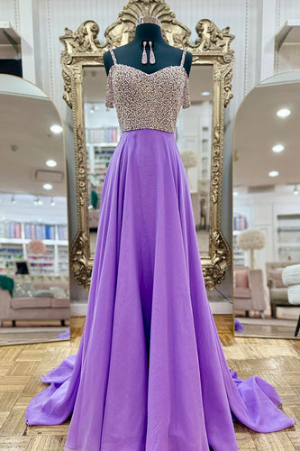 Sparkly Lavender Beaded Spaghetti Straps A-Line Long Prom Dress