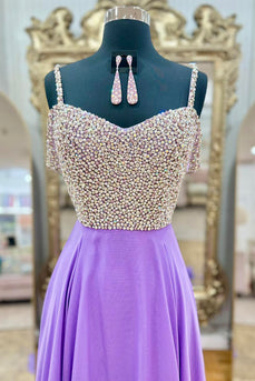 Sparkly Lavender Beaded Spaghetti Straps A-Line Long Prom Dress