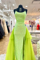 Load image into Gallery viewer, Sparkly Green Spaghetti Straps Mermaid Sequins Long Prom Dress with Cape