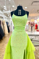 Load image into Gallery viewer, Sparkly Green Spaghetti Straps Mermaid Sequins Long Prom Dress with Cape