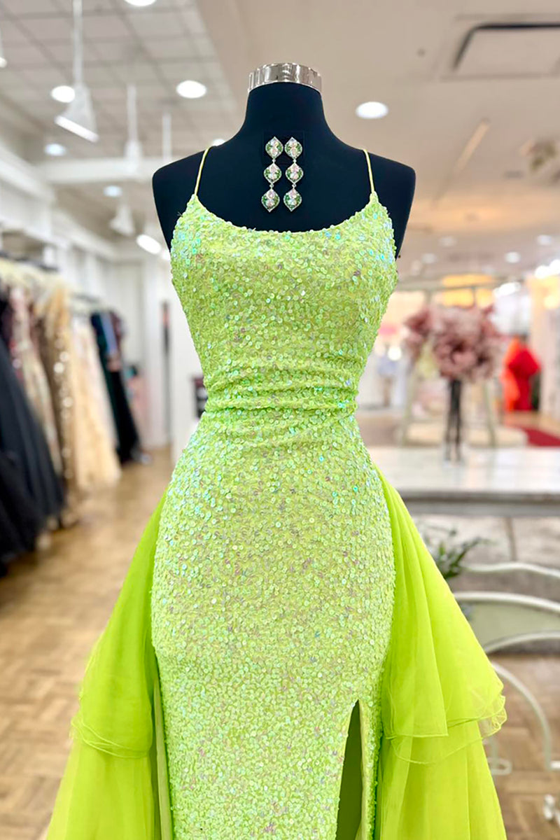 Load image into Gallery viewer, Sparkly Green Spaghetti Straps Mermaid Sequins Long Prom Dress with Cape