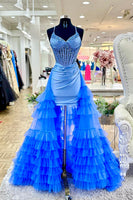 Load image into Gallery viewer, Sparkly Blue Beaded Tight Corset Short Prom Dress with Cape