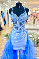 Load image into Gallery viewer, Sparkly Blue Beaded Tight Corset Short Prom Dress with Cape