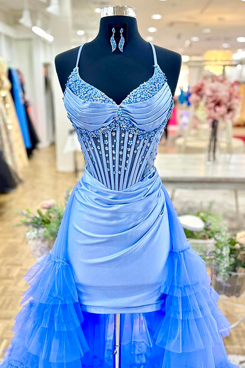 Load image into Gallery viewer, Sparkly Blue Beaded Tight Corset Short Prom Dress with Cape