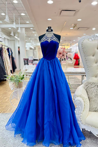 Sparkly Royal Blue Halter Neck A-Line Long Prom Dress with Rhinestones