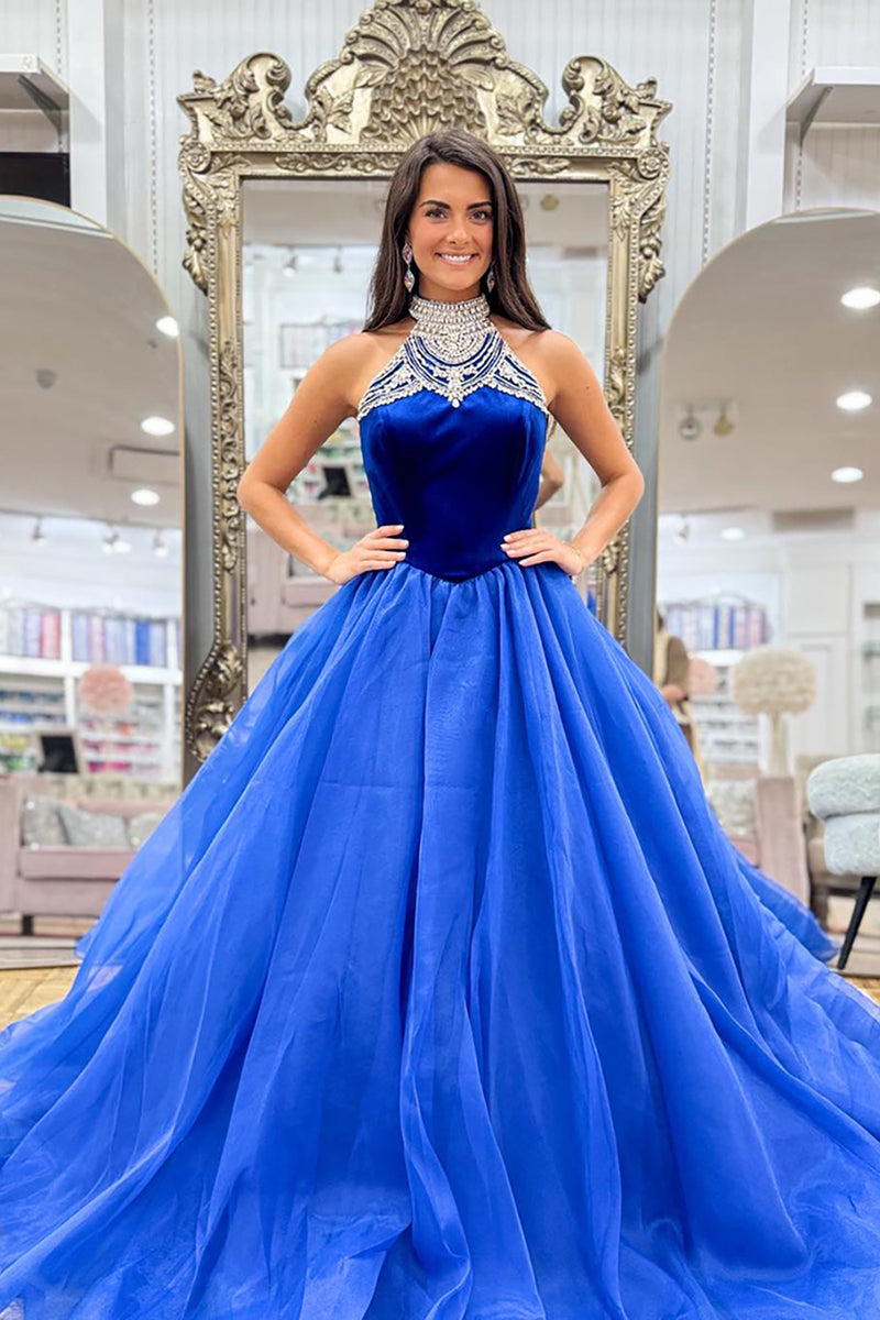 Load image into Gallery viewer, Sparkly Royal Blue Halter Neck A-Line Long Prom Dress with Rhinestones