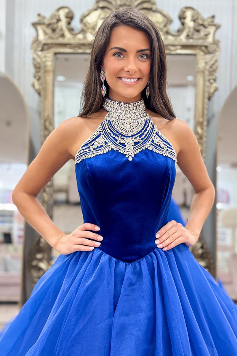 Load image into Gallery viewer, Sparkly Royal Blue Halter Neck A-Line Long Prom Dress with Rhinestones