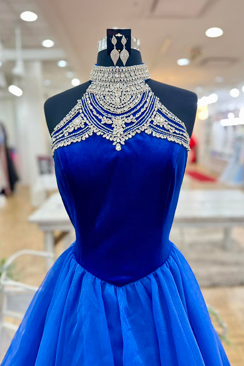 Load image into Gallery viewer, Sparkly Royal Blue Halter Neck A-Line Long Prom Dress with Rhinestones