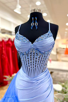 Sparkly Blue Ruffled Mermaid Long Corset Prom Dress with Side Cape