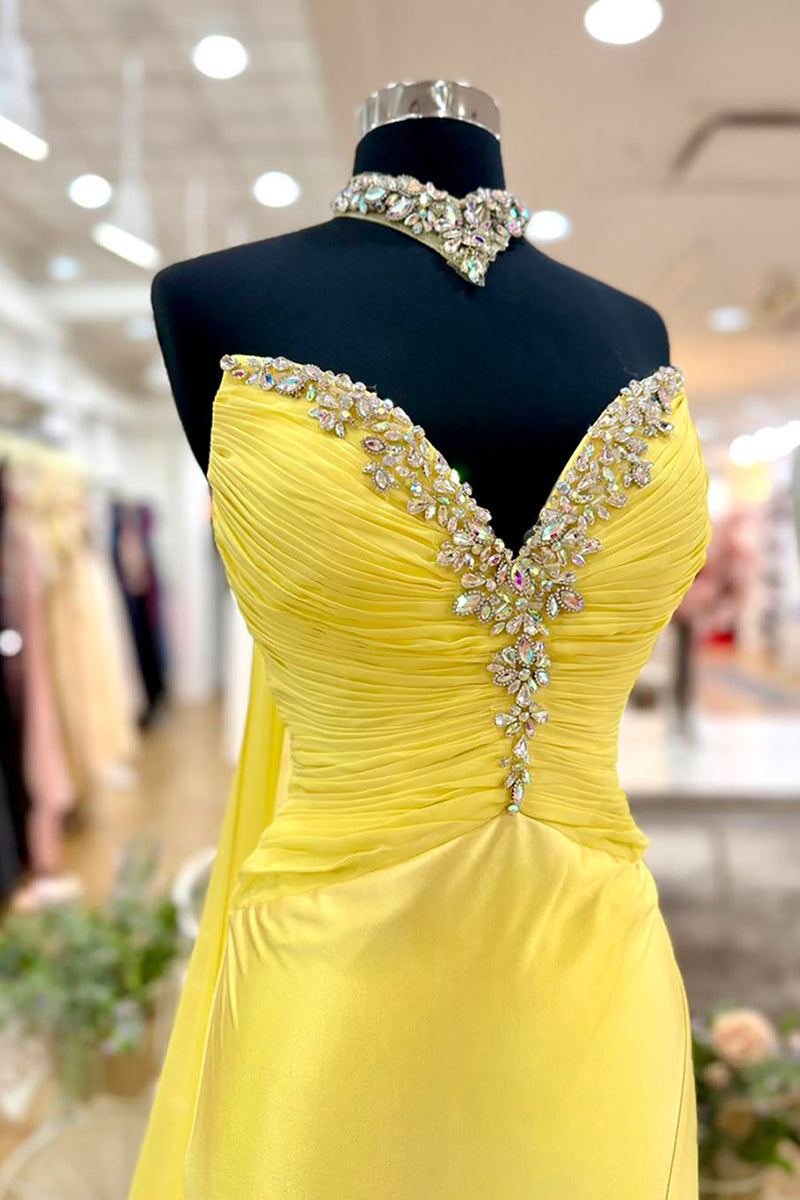 Load image into Gallery viewer, Sparkly Yellow Sweetheart Satin Mermaid Long Prom Dress with Cape