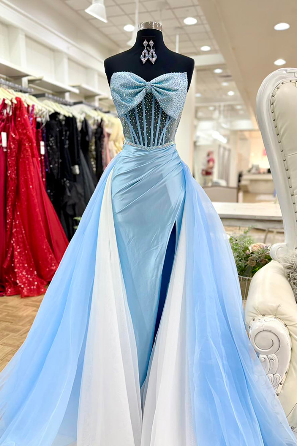 Sparkly Blue Sweetheart Mermaid Long Corset Prom Dress with Cape