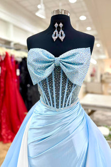 Sparkly Blue Sweetheart Mermaid Long Corset Prom Dress with Cape