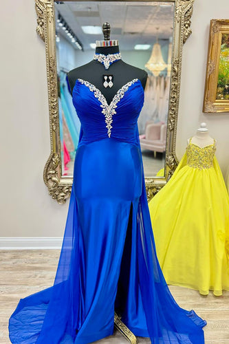 Sparkly Royal Blue Mermaid Sweetheart Long Prom Dress with Cape