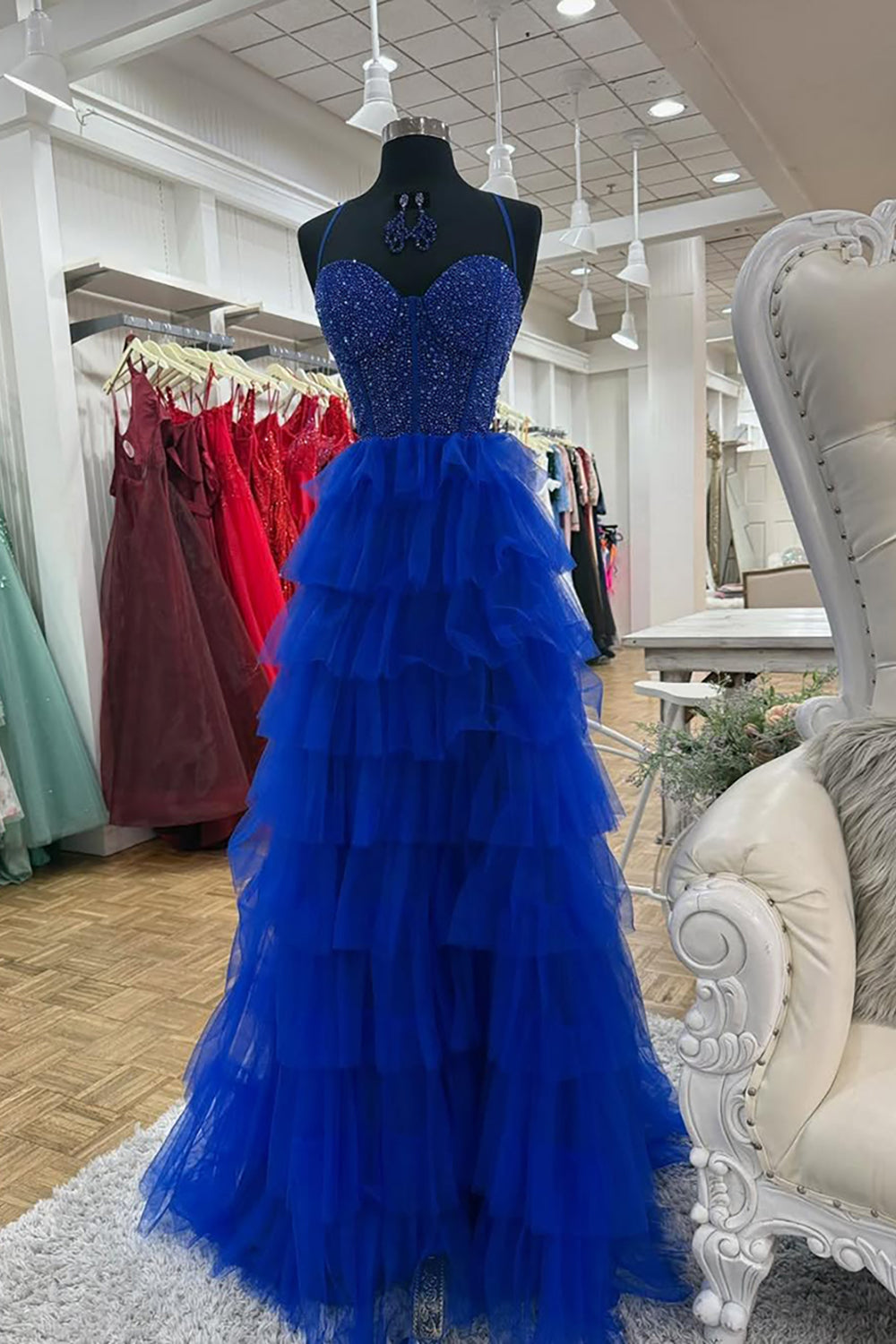 Sparkly Royal Blue A-Line Spaghetti Straps Long Corset Prom Dress with Ruffles