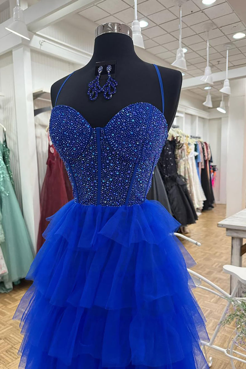Load image into Gallery viewer, Sparkly Royal Blue A-Line Spaghetti Straps Long Corset Prom Dress with Ruffles