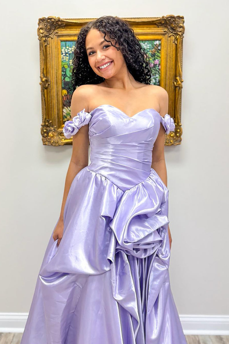 Load image into Gallery viewer, Lilac A-Line Off the Shoulder Satin Long Prom Dress with 3D Flowers