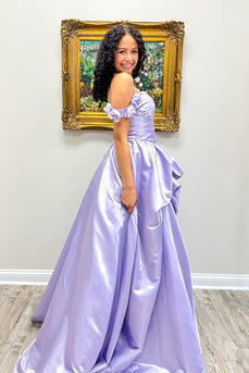 Lilac A-Line Off the Shoulder Satin Long Prom Dress with 3D Flowers