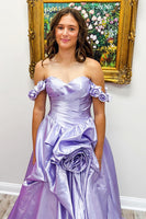 Load image into Gallery viewer, Lilac A-Line Off the Shoulder Satin Long Prom Dress with 3D Flowers