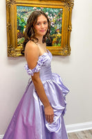 Load image into Gallery viewer, Lilac A-Line Off the Shoulder Satin Long Prom Dress with 3D Flowers