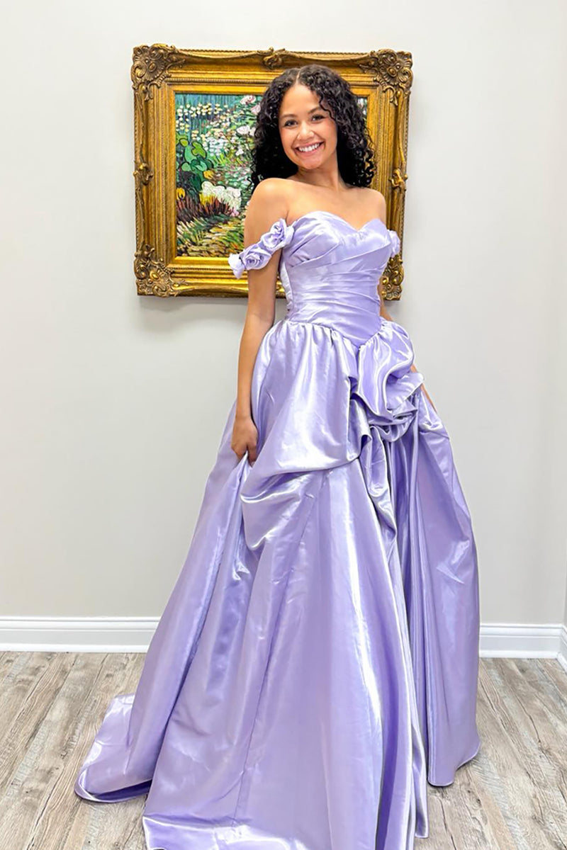 Load image into Gallery viewer, Lilac A-Line Off the Shoulder Satin Long Prom Dress with 3D Flowers