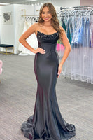 Load image into Gallery viewer, Sparkly Black Mermaid Floral Strapless Long Corset Prom Dress