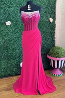 Load image into Gallery viewer, Sparkly Fuchsia Strapless Corset Long Mermaid Prom Dress with Slit
