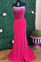 Load image into Gallery viewer, Sparkly Fuchsia Strapless Corset Long Mermaid Prom Dress with Slit